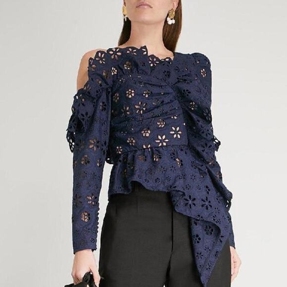 Self-Portrait Navy Eyelet Asymmetrical One Shoulder Long Sleeve Top NWT - Picture 1 of 11